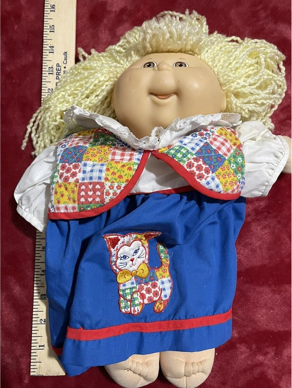 Vtg Cabbage Patch Kids / Doll “calico Cat Dress “ Blonde Hair  Blue Eyes CPK